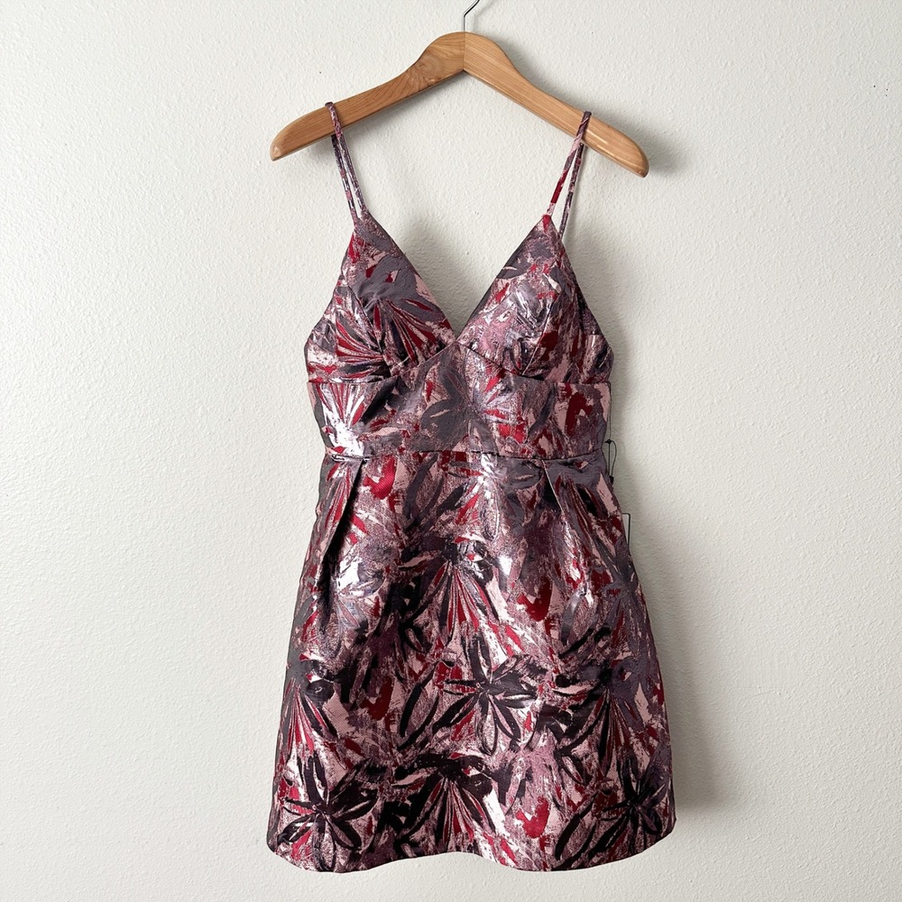 Laundry by Shelli Segal Multi Metallic Floral V Neck Mini Dress Women's Size 14